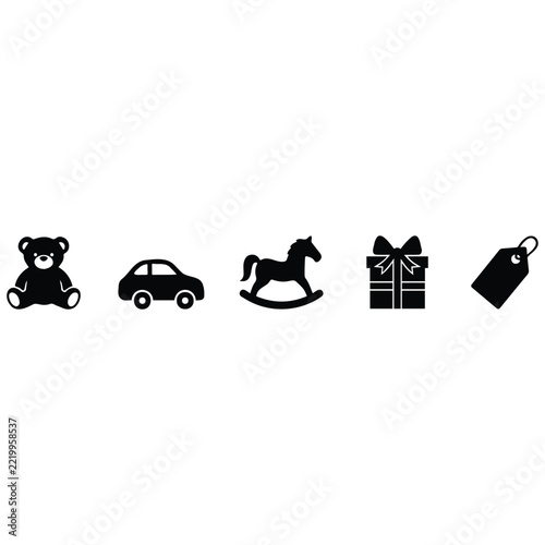 Toys and gift icons set featuring bear car rocking horse and tag for kids retail branding.