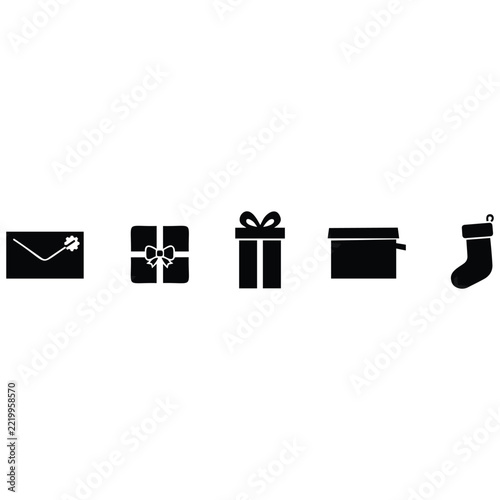 Winter holiday shipping and mail silhouettes icons representing festive package delivery.