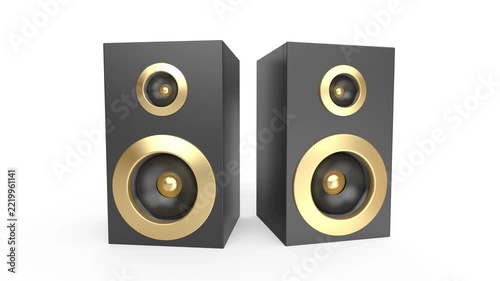 Big black and gold stereo speakers on white background