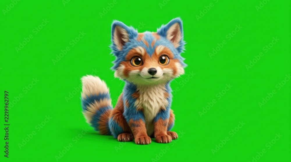 Fototapeta premium Stylized colorful fox cub sitting on green screen.