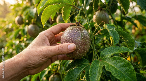 Hand harvesting ripe passion fruit from vine, covered in dew