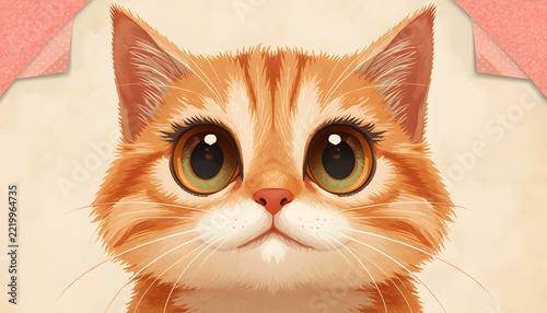 Close-Up Digital Illustration of a Cute Orange Tabby Cat Face with Big Eyes