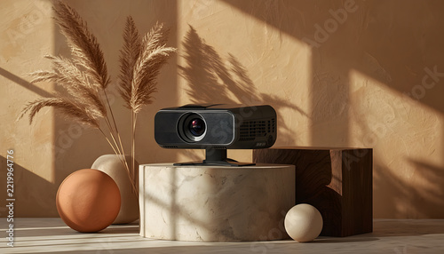 Modern Minimalist Black Projector on a Stone Pedestal with Warm Pampas Grass Shadows