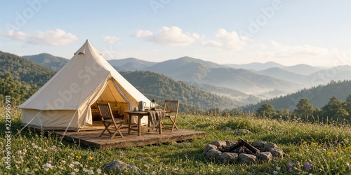 Bannière panoramique de glamping avec tente cloche sur terrasse en bois et feu de camp en montagne