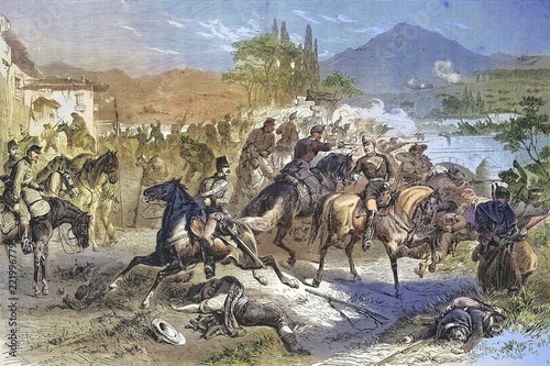Battle of Alcolea, the troops of Marshal Serrano remove the bridge defended by the royal troops under the command of the Marquis of Novaliches, Defeat of royalist troops, 1868, Spain, Historical, digitally restored reproduction of an original 19th century artwork, exact original date unknown