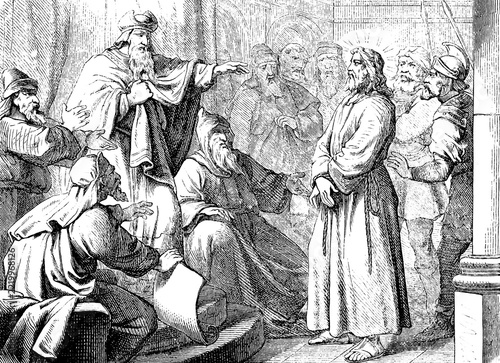 The High Priest Caiaphas interrogates Jesus, Gospel of Matthew, chapter 26, false witnesses, son of God, blasphemy, guilty verdict, death sentence, spitting, beating face, anger, wrath, New Testament, Bible, historical illustration 1877