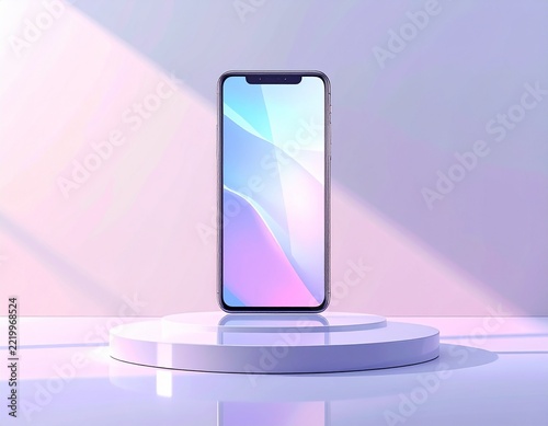 Modern mobile smartphone mockup standing on a white circular podium display with soft purple lighting and abstract colorful wallpaper design
