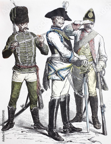 Folk Costume, Clothing, History of Costumes, Hussar Officer, Sendlitz Kürasier, Grenadier, Prussia, 1750-1800, Historic, digitally restored reproduction of a 19th century original, exact date unknown
