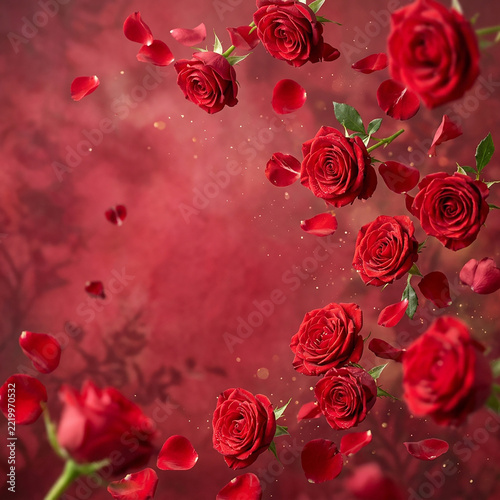 Romantic red roses floating with petals for anniversary love gift