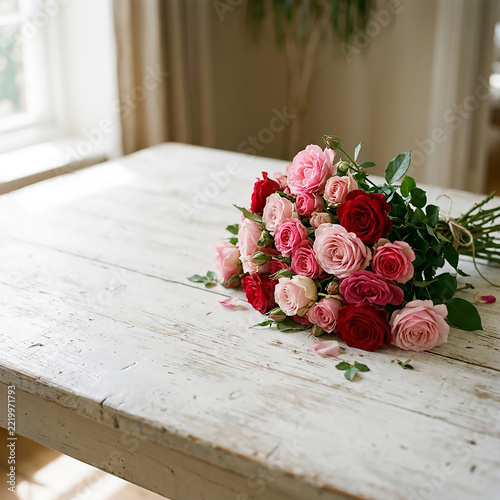 Elegant pink and red roses bouquet on rustic wooden table for