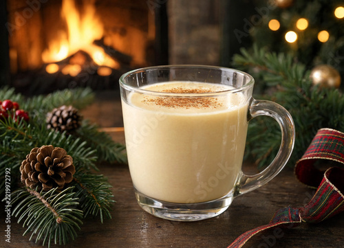 Glass mug of eggnog with cinnamon powder near Christmas tree and fireplace
