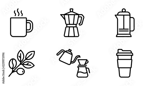 Coffee icons set with mug, moka pot, french press, coffee branch and takeaway cup for cafe and beverage