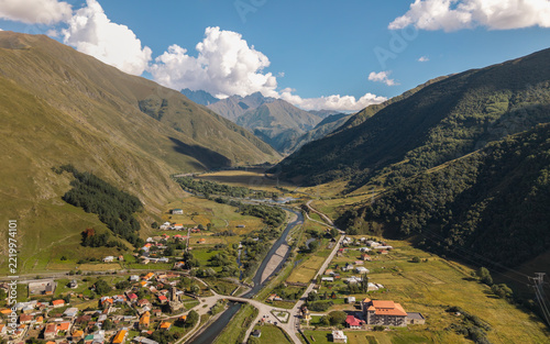 Aerial View of Sno Village and Sno Valley in the Kazbegi Region of Georgia