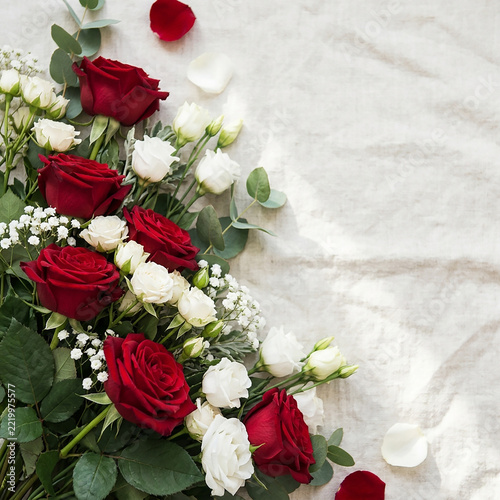 Elegant red and white roses bouquet for romantic wedding or