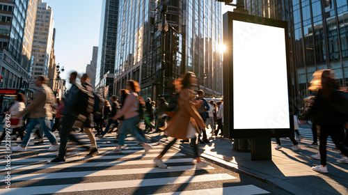 Blurred pedestrians cross busy city street near blank
