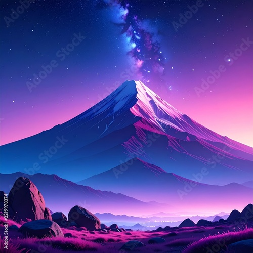 a mountain with a pink sky and stars
