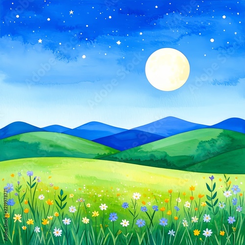 a painting of a green field with flowers and a full moon