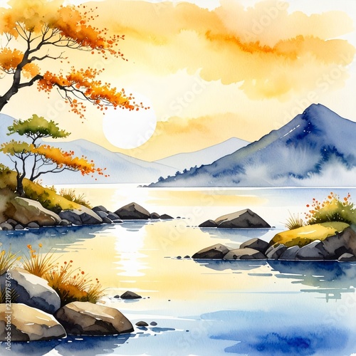 a painting of a lake with rocks and trees