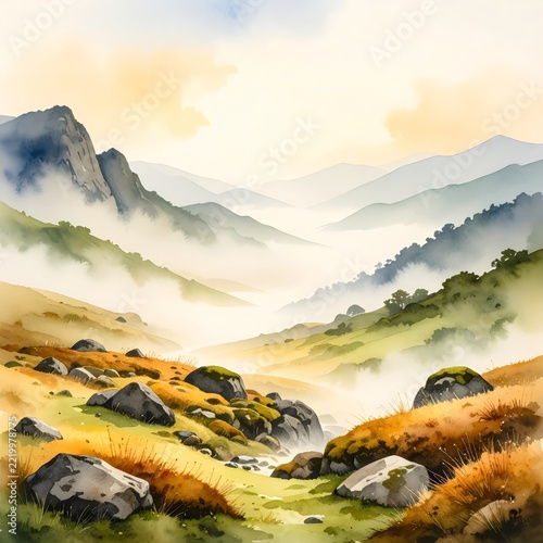 a painting of a mountain landscape with rocks and grass
