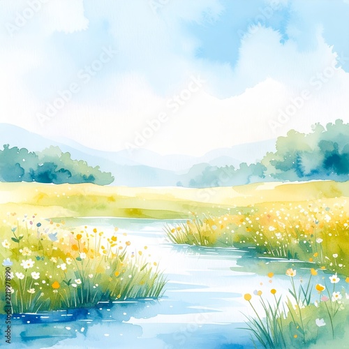 a painting of a river with flowers and grass