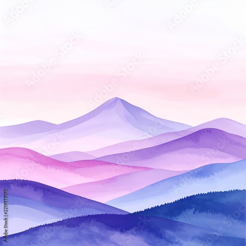 a painting of mountains with a pink sky