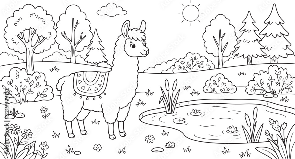 Fototapeta premium Cute cartoon llama standing near a pond in a nature landscape with trees, bushes, flowers, and sun in a black and white coloring book page style outline al