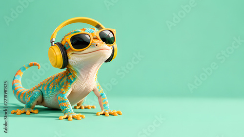 Colorful Lizard Wearing Yellow Headphones and Sunglasses on Turquoise Background