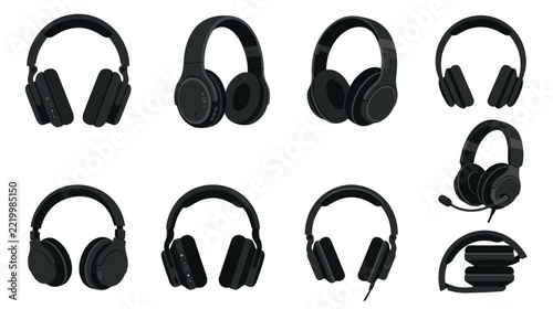 Assorted Black Headphones Set - Isolated on Transparent Background