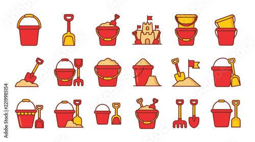Beach Toy Icons: Buckets, Shovels, Sandcastles on Transparent Background