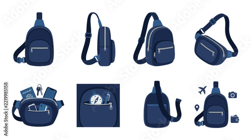 Blue Sling Bag Collection: Various Angles & Contents, Isolated on Transparent