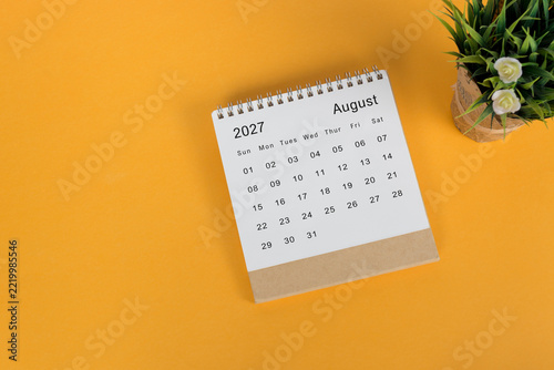 The August 2027 desk calendar with potted plant on yellow background