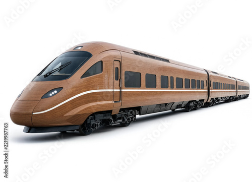 Modern highspeed passenger train designed with a unique wooden exterior finish isolated on white background