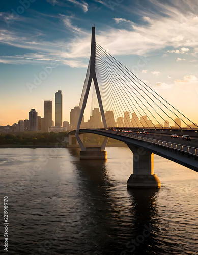 Modern cablestayed bridge spans across a wide river with a city skyline at sunset