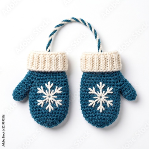 Handmade Crochet Christmas Mittens with Snowflake Embroidery and Hanging Loop.