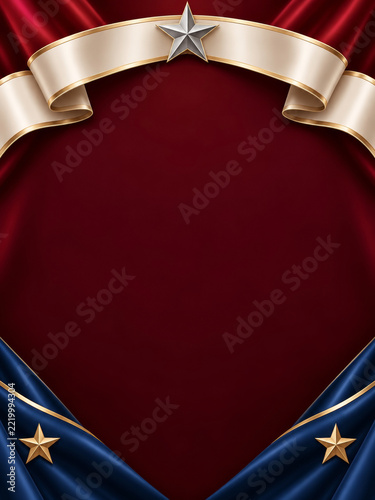 Veterans Day patriotic background with burgundy satin, ivory ribbon and silver star above navy folds, leaving copy space for retail appreciation offers, benefit promotions and campaign messages.