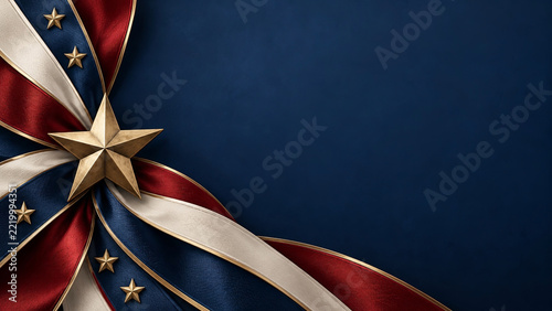 Veterans Day patriotic background with gold star and flowing burgundy, ivory and navy ribbon along the left edge, with open copy space for military service appreciation and institutional recognition.