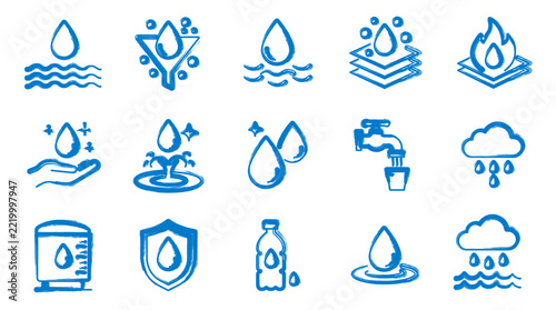 Blue Hand Drawn Water Icon Set, Drop and Wave Line Icons