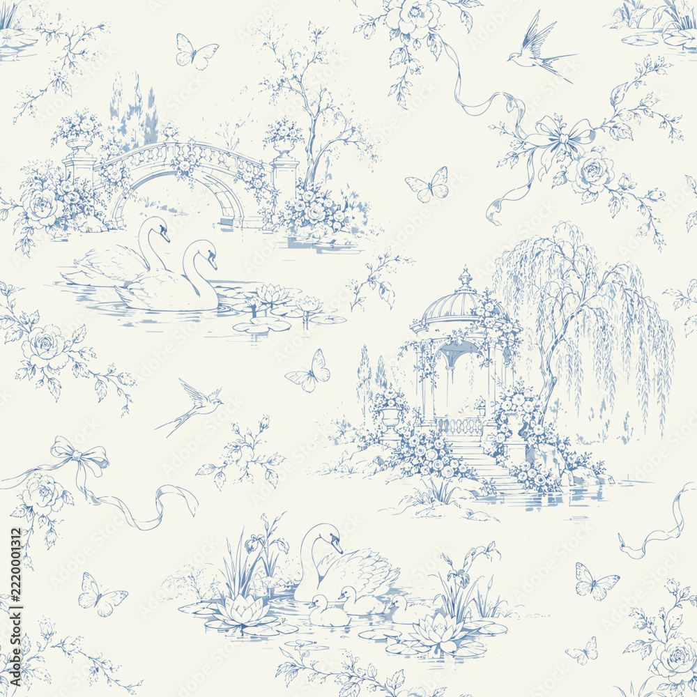 Naklejka premium Vintage Blue Toile de Jouy Swan Lake Seamless Pattern with Swans, Cygnets, Romantic Gazebo and Floral Bridge