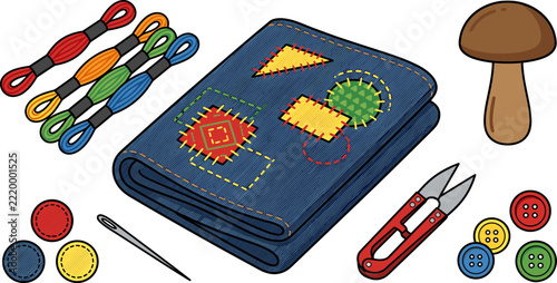 Visible mending kit with patched denim, embroidery floss, needle, thread snips, and darning mushroom