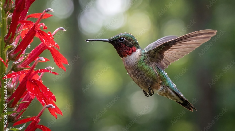 Fototapeta premium Ruby Throated Hummingbird Hovering Near Red Cardinal Flowers with Water Droplets