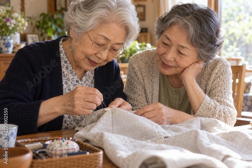 Two Elderly Women Sewing Together in a Warm, Cozy Environment