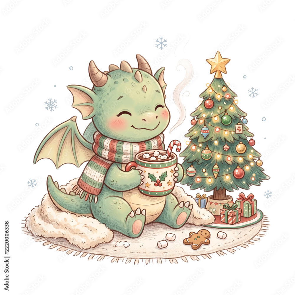 Fototapeta premium Cute Little Green Dragon Wearing Striped Scarf Holding Mug of Hot Chocolate with Marshmallows Next to Decorated Christmas Tree in Cozy Winter Holiday Illustration Style