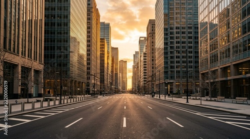 Empty City Street at Sunset with Tall Buildings and Dramatic Sky