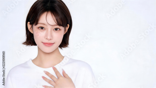 胸元に手を置く白いTシャツの女性