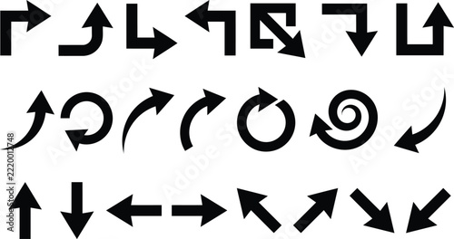 Set of black vector arrow icons including curved, angled, circular, and directional pointer symbols
