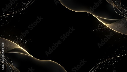 Luxury black background template with glowing golden wave lines and glitter particles, elegant abstract banner for award certificate