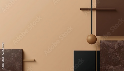 Minimalist 3D background with geometric brown and black marble podium shapes, modern luxury abstract template for product display