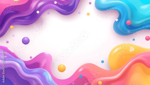 Colorful 3D fluid wave background template with vibrant liquid shapes and floating spheres, creative abstract banner for social media