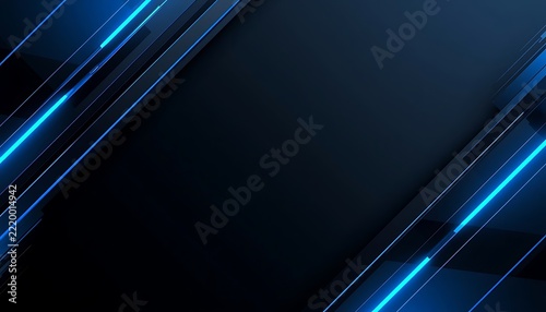 Modern dark blue abstract technology background template with glowing neon lines and geometric layers for gaming banner