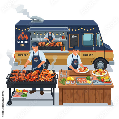 Seafood BBQ Food Truck with Chefs Grilling Fresh Catch